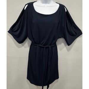 Jessica Simpson Dress Women's Large Navy Blue Fit & Flare Belted Cold Shoulder